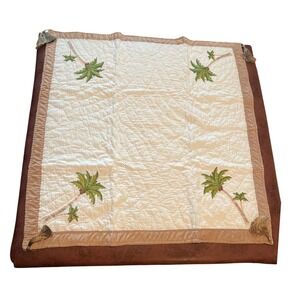 CBK Palm Tree Embroidered Quilted Throw Blanket White Tan Tassels 38x38 Coastal